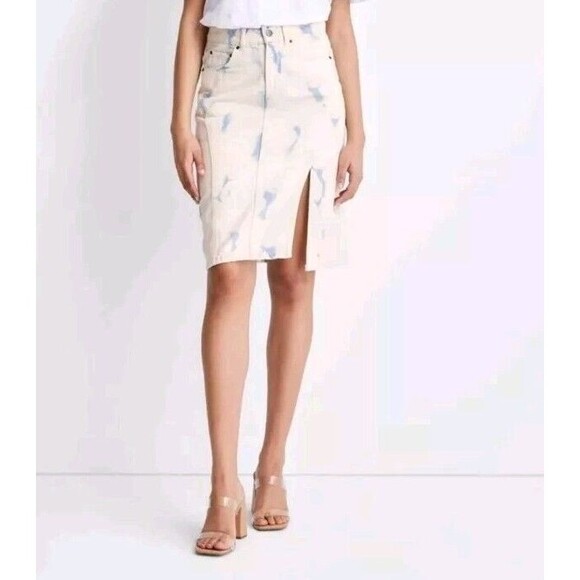 Future Collective Beige Blue Knee Length Denim Skirt Asymmetric Slit Size 6 NWT - Picture 1 of 10